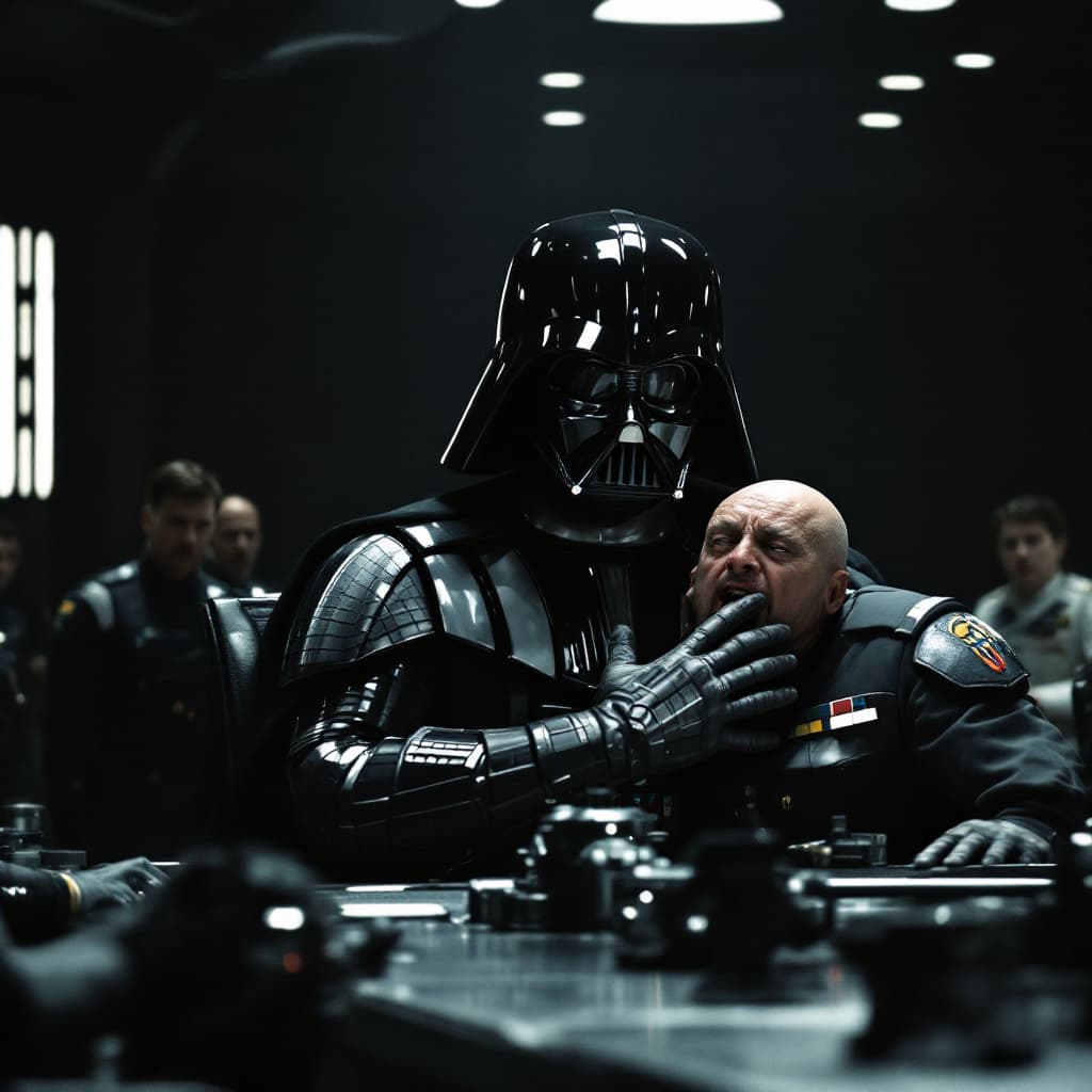 AI generated: "Darth Vader sits at a long, dimly lit metallic conference table. The imposing black armor of the Si...