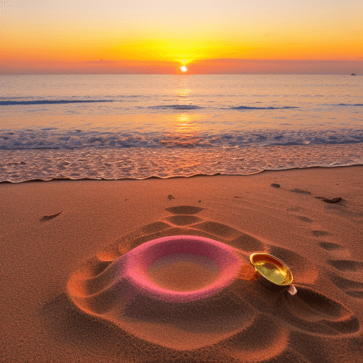 AI generated: sunny beach during a vibrant sunset with hues of orange, gold, and pink. A golden saxophone is parti...