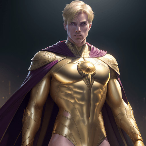 AI generated: male super hero named champion, short blond hair, no symbol, skin tight gold suit, gold cape, gold g...