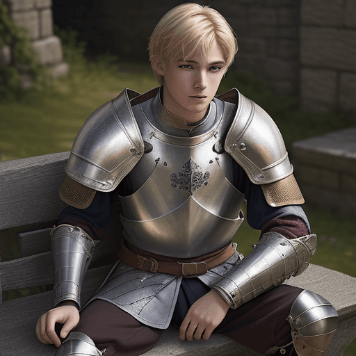 AI generated: A young, handsome knight with blonde hair, wearing medieval armor and sitting on a stone bench in a ...