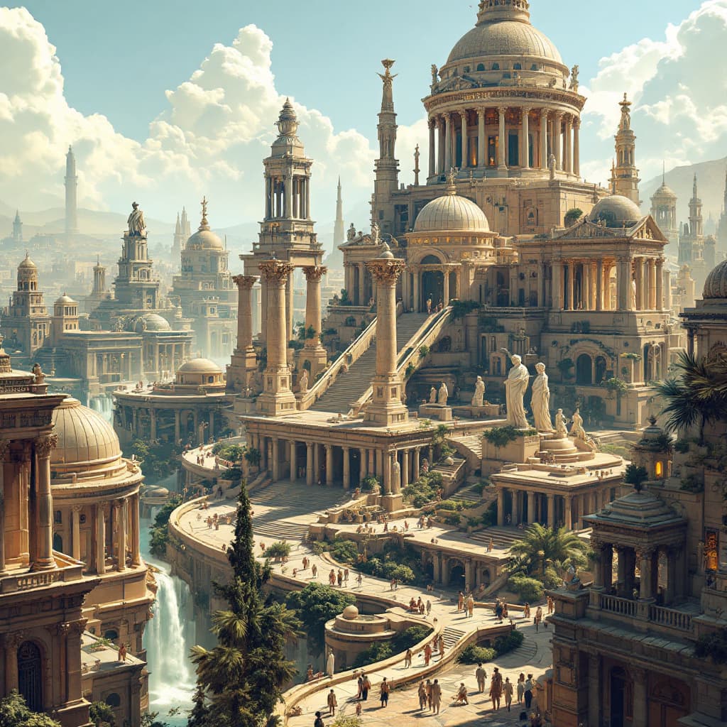 AI generated: An  overview of a futuristic megacity in which buildings  combine elements of ancient greek architec...