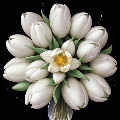 AI generated: Opening of a bouquet of white tulips, fractals of liquid smoke, elegant botany, dynamic movement, Ra...