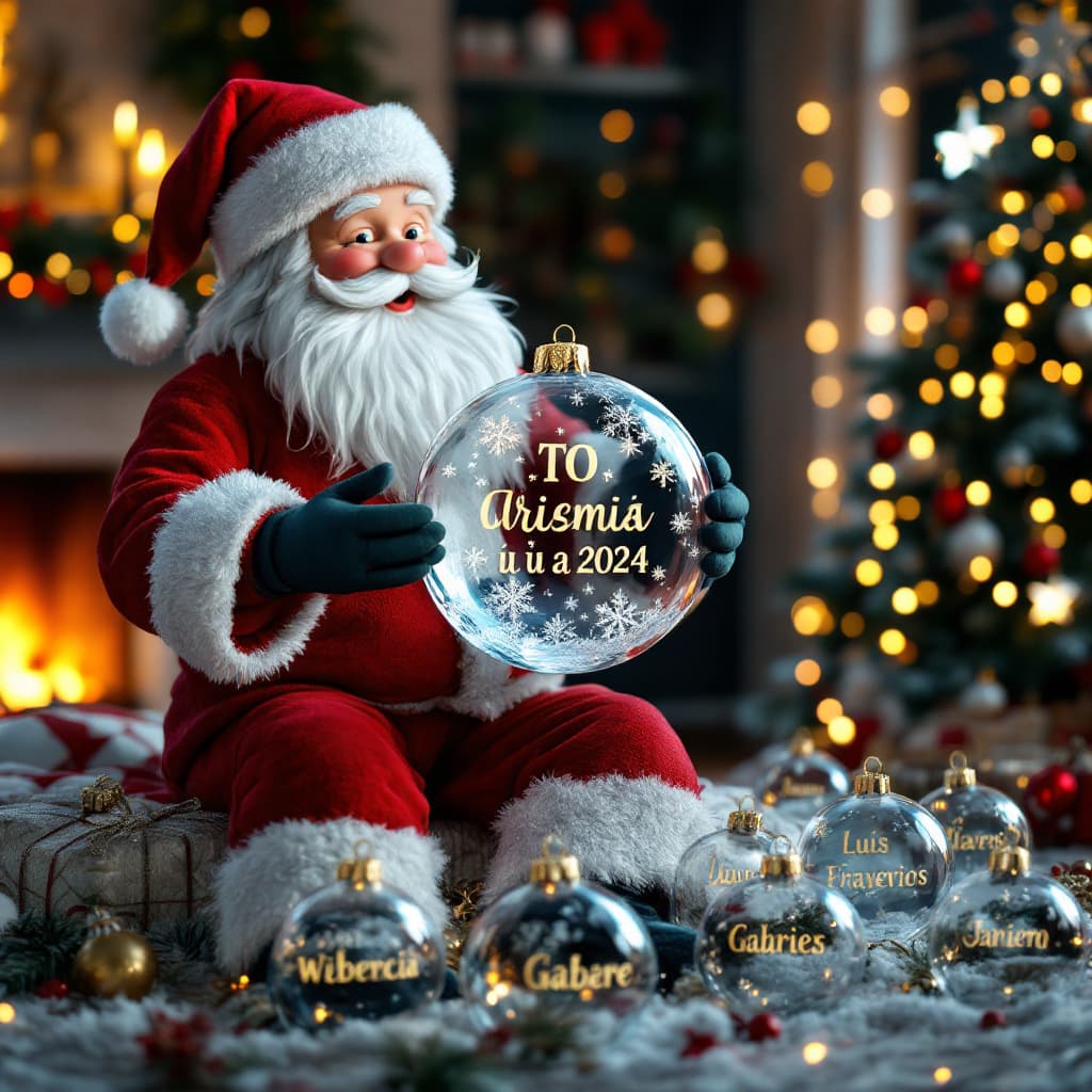 AI generated: A 3D representation of a real scene of Santa Claus sitting on a shelf. Santa Claus is holding a tran...
