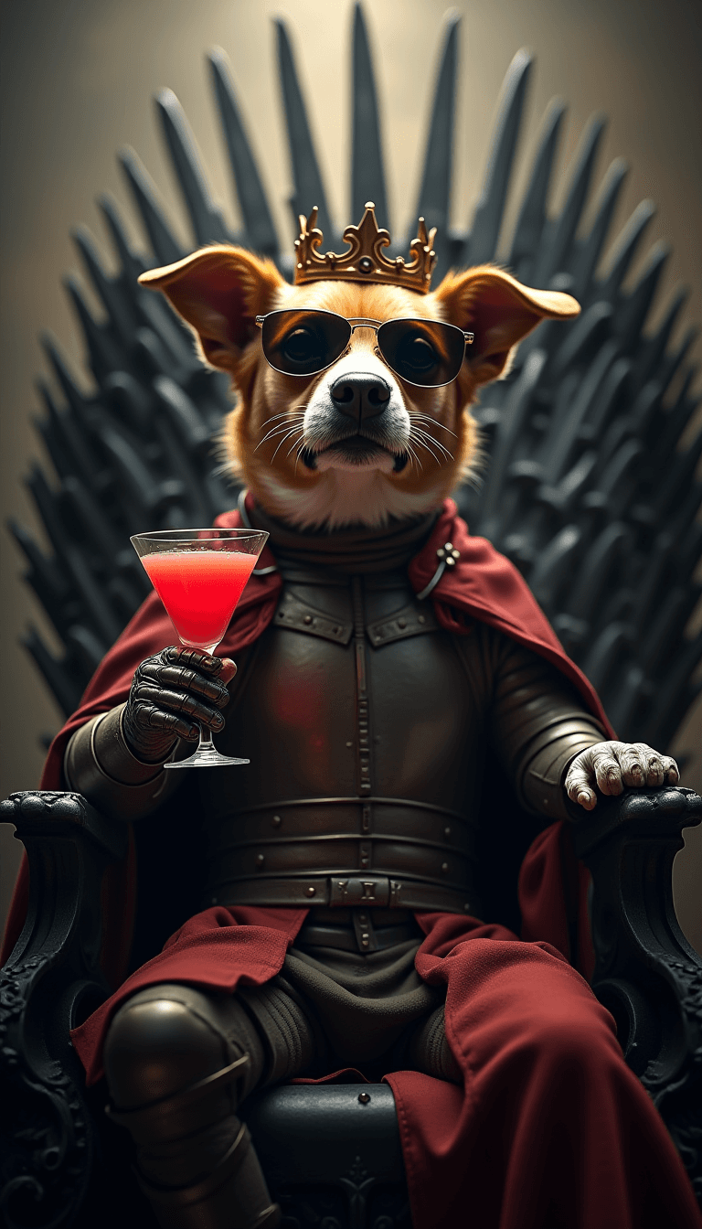 AI generated: close up cinematic photo, a text title movie poster "Game of thrones", "happy sunday", a dog whith s...