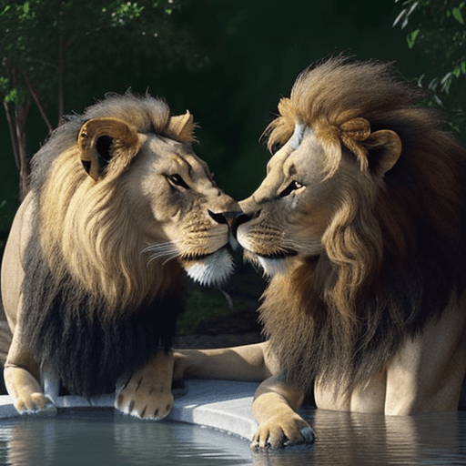 AI generated: A lion drinking water being stroked by a beautiful girl