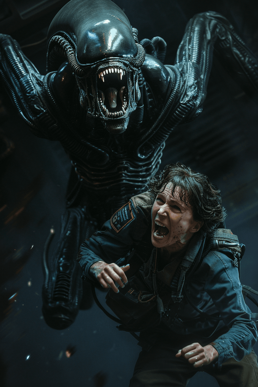 AI generated: A copy of the movie "ALIEN" in the style of Ridley Scott, there is an alien on top and in front of h...