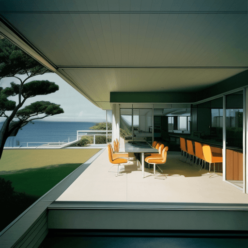 AI generated: Hyper realistic eye level exterior photo of a mid century modern style house overlooking the ocean, ...