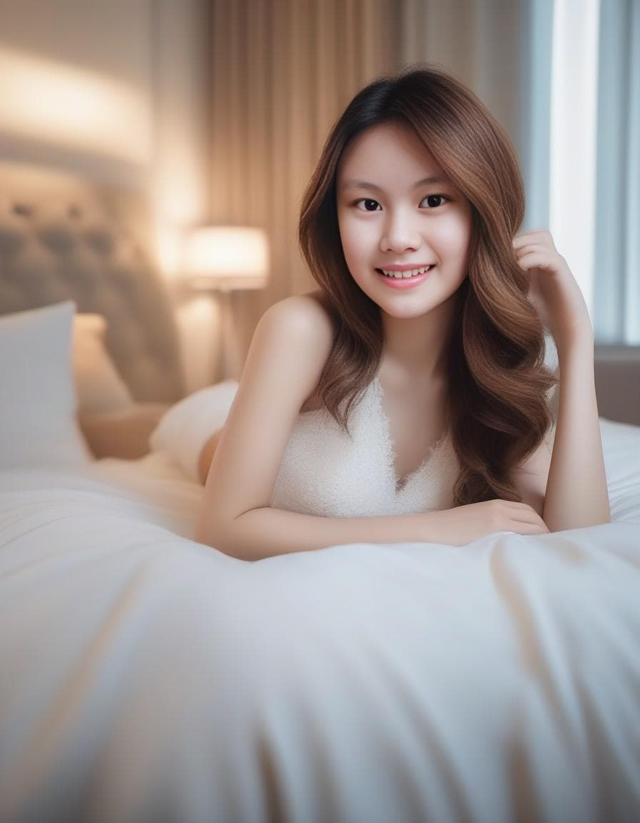 AI generated: 30 year old woman lying on a white bed, detailed realistic photo, sharpening effect, Unsharp Mask ef...