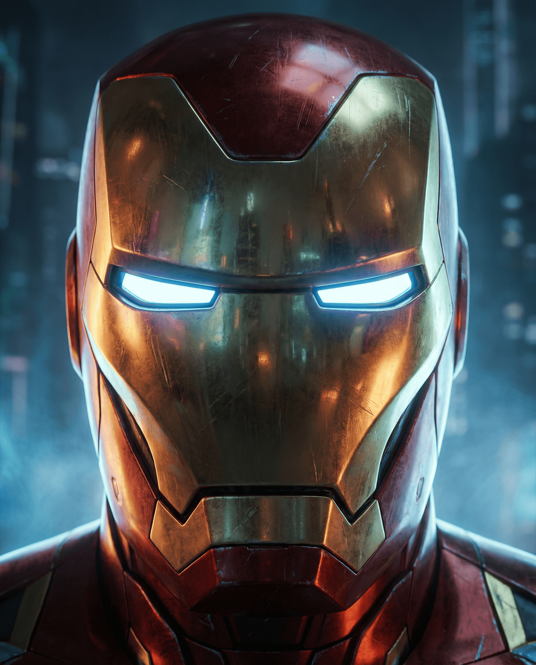 AI generated: Iron Man, close-up portrait shot, full face view. Photorealistic, hyper-detailed metal textures, cin...