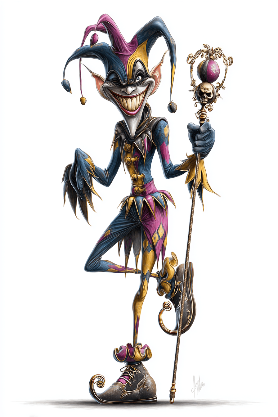 AI generated: funny caricature, sinister jester, nordic ethnicity, 30 years old, playful, twisted, unpredictable, ...