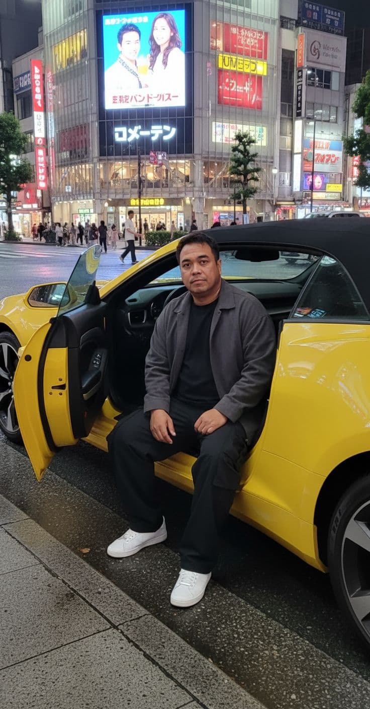 AI generated: A young man with an ideal, well-proportioned body is sitting casually in a luxurious yellow chevrole...