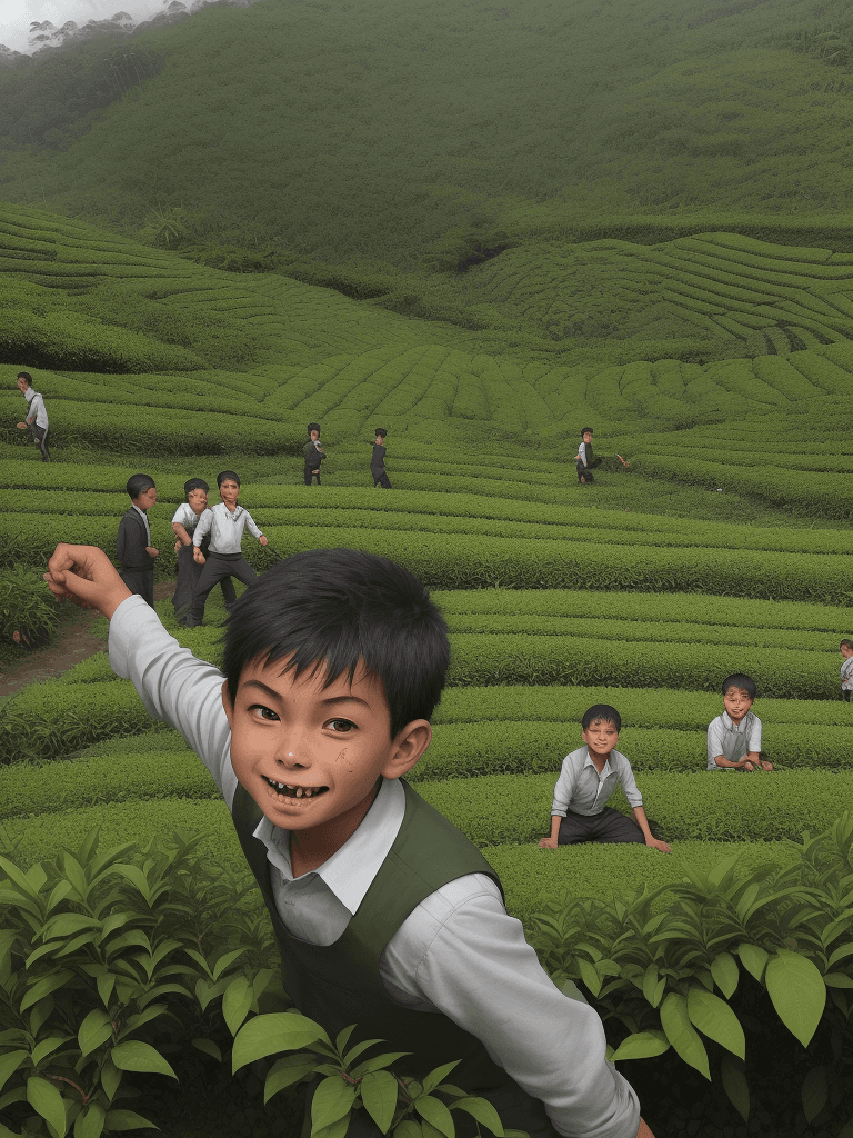 AI generated: A mischievous young boy causing havoc in a lush tea plantation, tearing at tea plants and creating c...