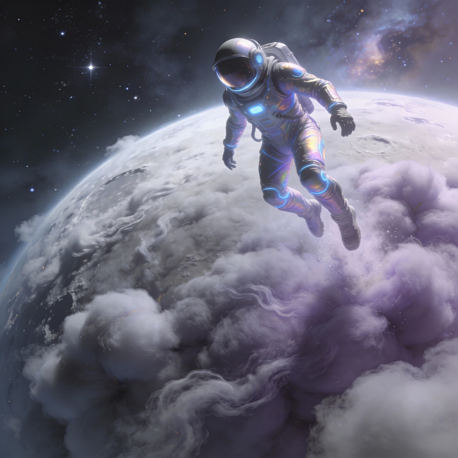 AI generated: hazme un astronauta futurista llegando a un planeta que parezca algodón de color morado grisáceo
