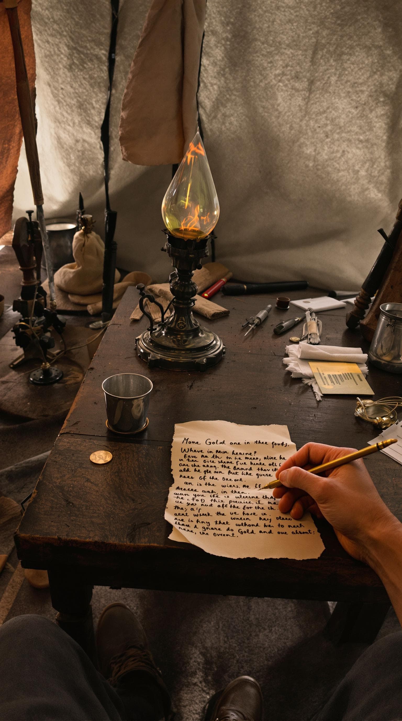 AI generated: first person POV, crossed boots near rough-hewn wooden table, 1849 prospector's tent interior, flick...
