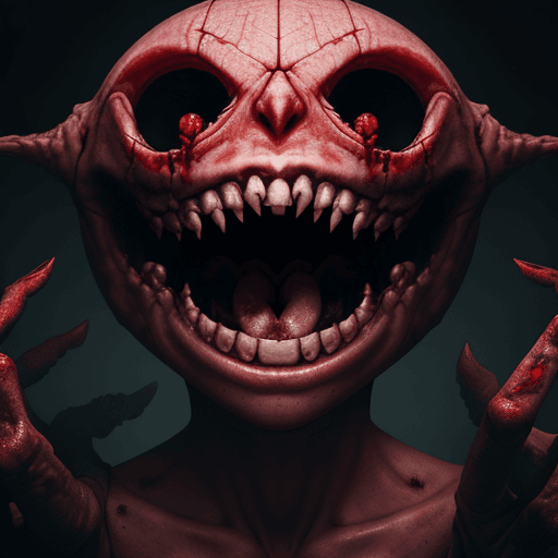 AI generated:  high quality foto of a bloody dangerous smiling monster without eyes, long fingers and broken bones...