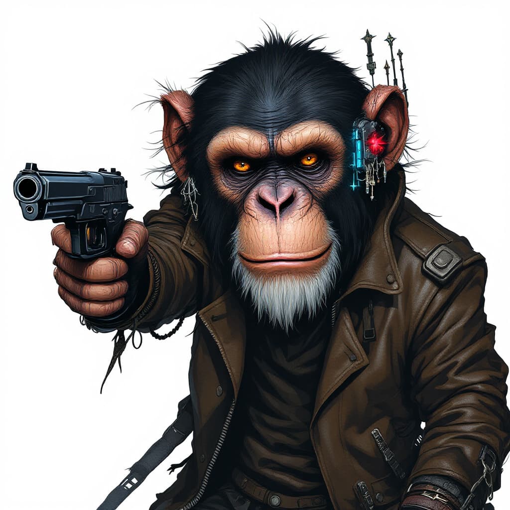 AI generated: A shadowrun monkey shaman that is a chimpanzee in wearingt a cyberpunk leather jacket holding a pist...