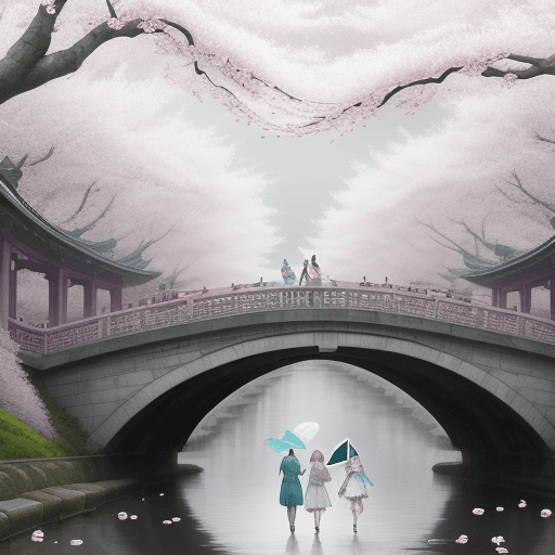 AI generated: two people are walking under a large cherry blossom on the bridge, there are fairies flying in the a...