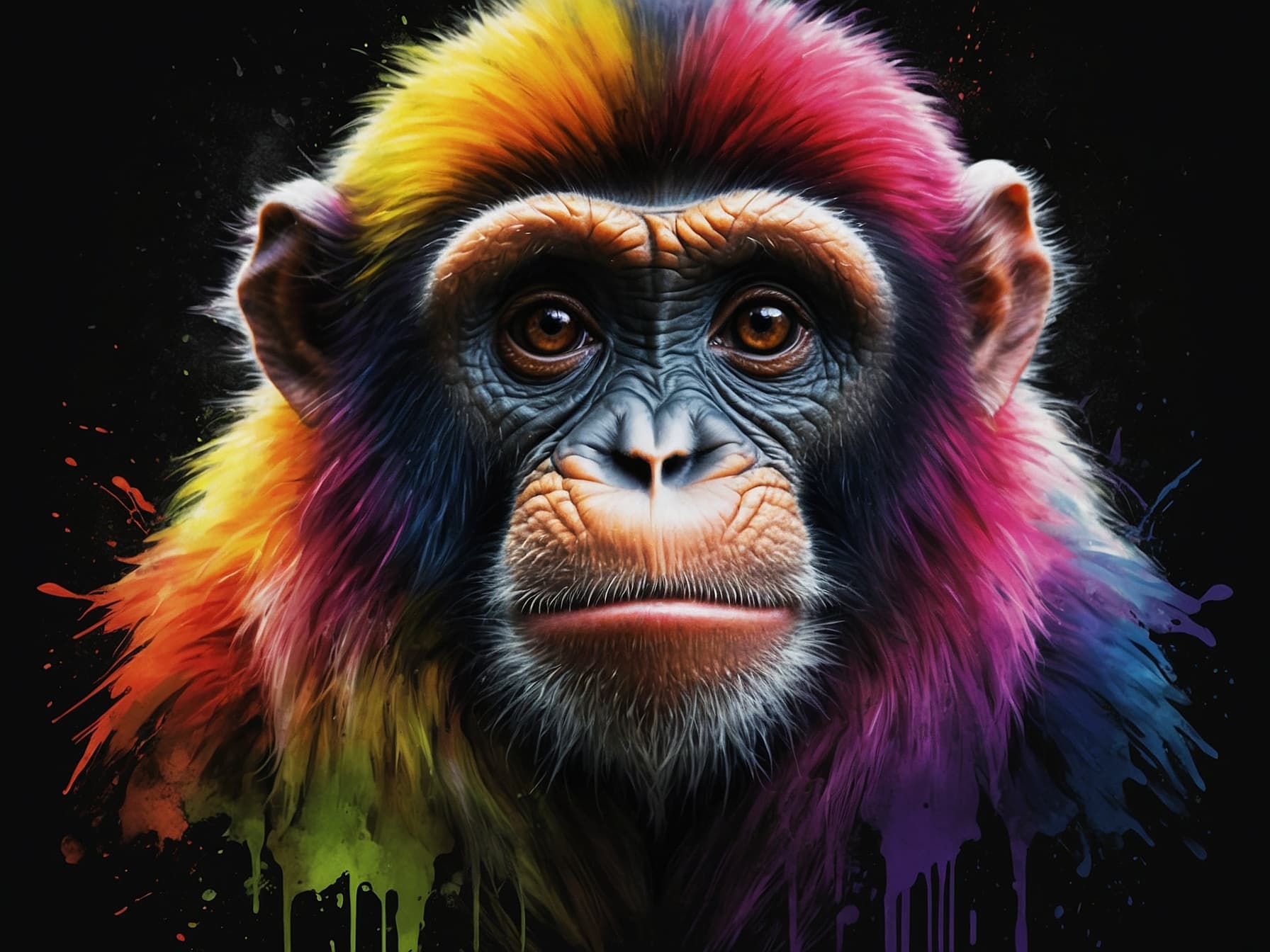AI generated: A stunning watercolor rendering of a powerful and colorful monkey face, facing forward with a monoch...