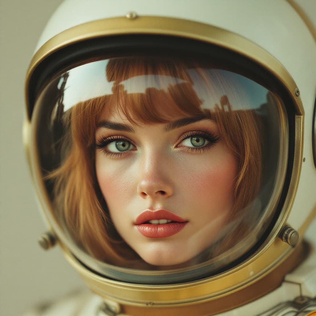 AI generated: A beautiful woman with a retro space helmet, 1960s hair style. 