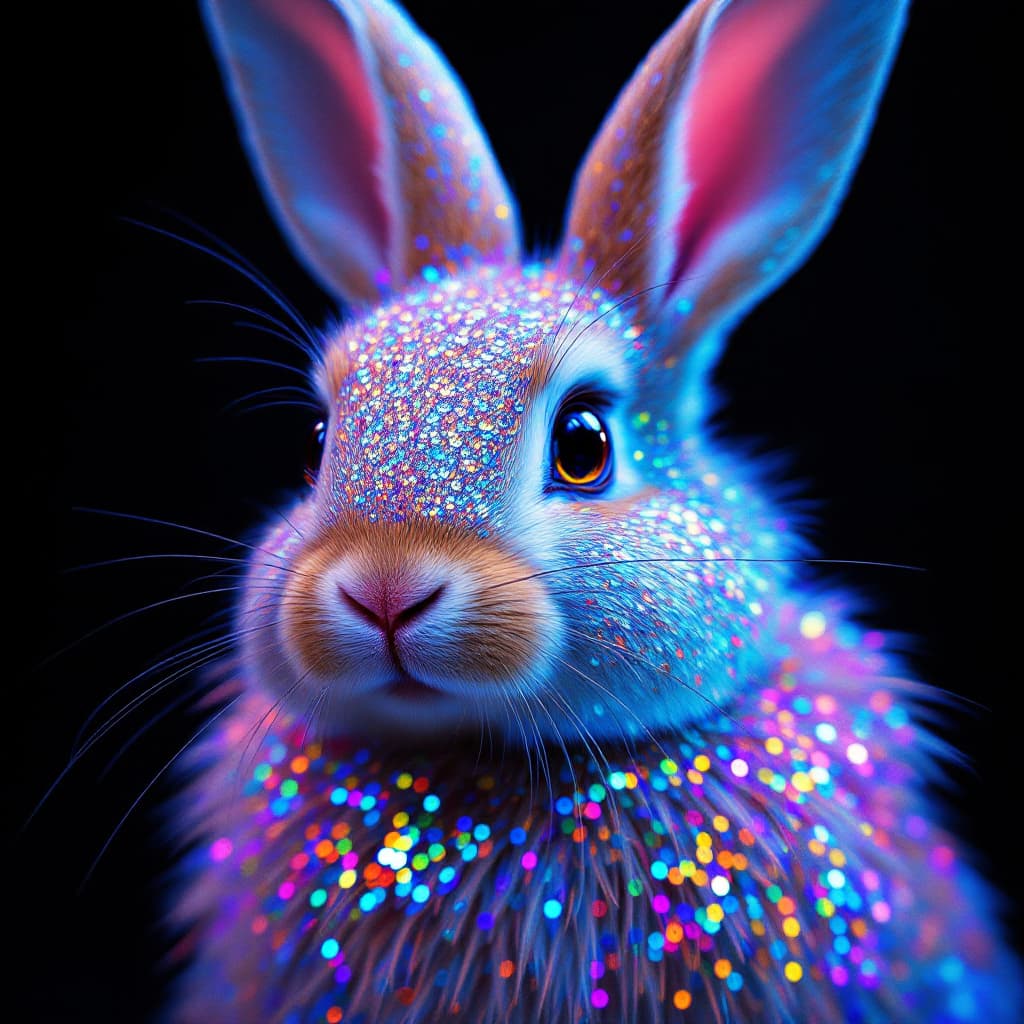 AI generated: Hyperrealistic portrait of a bunny rabbit with irridescent shimmering sequin fur. --ar 4:5 --sref 15...