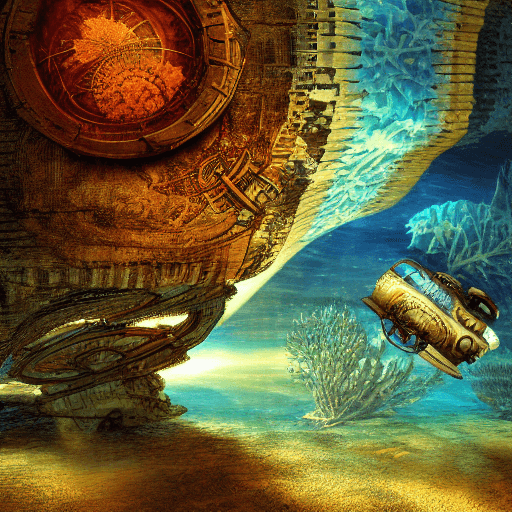 AI generated: High resolution a fractal underwater landscape with a steampunk submarine