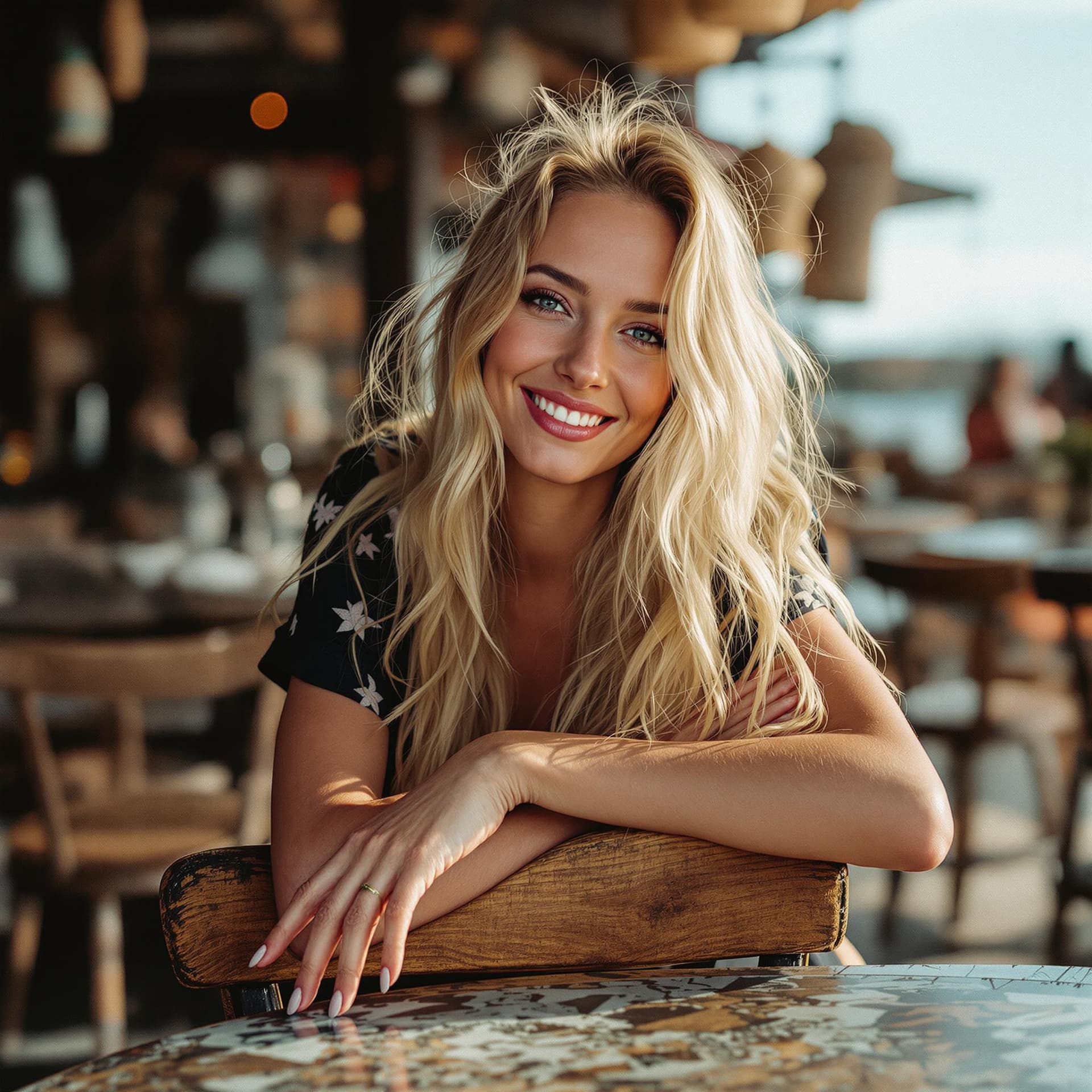 AI generated: a blonde woman with long hair leans on a chair, in the style of social media portraiture, earthcore,...