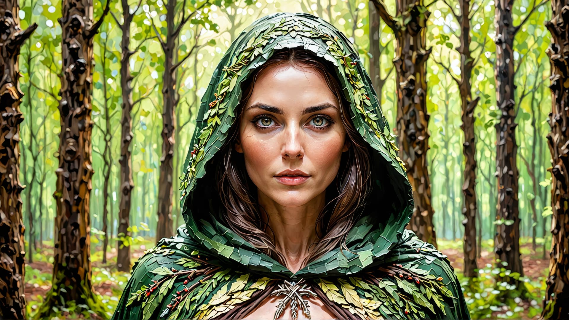 AI generated: pagan virile motherly woman in a woodlands cloak in a summery wood, realistic eyes