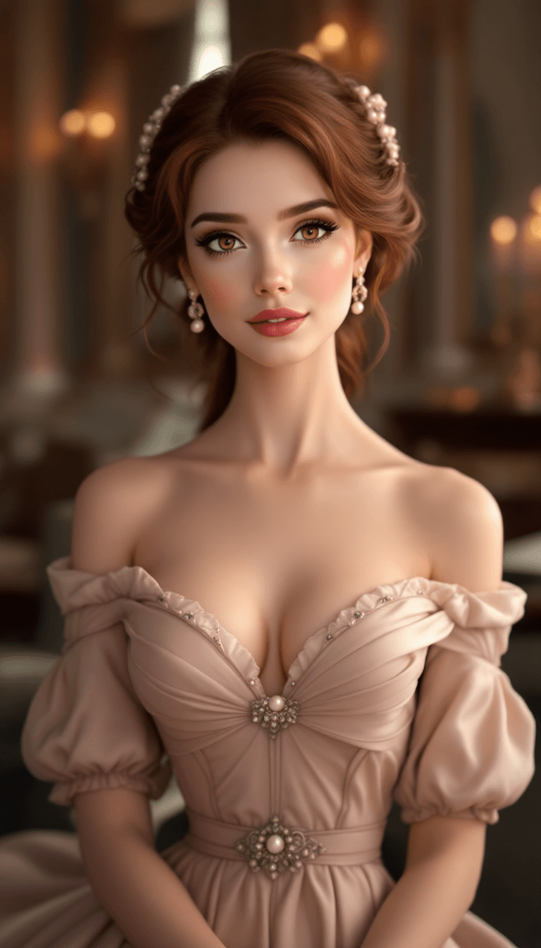 AI generated:  A refined and graceful character with long, dark auburn hair styled into a classic updo, often ador...