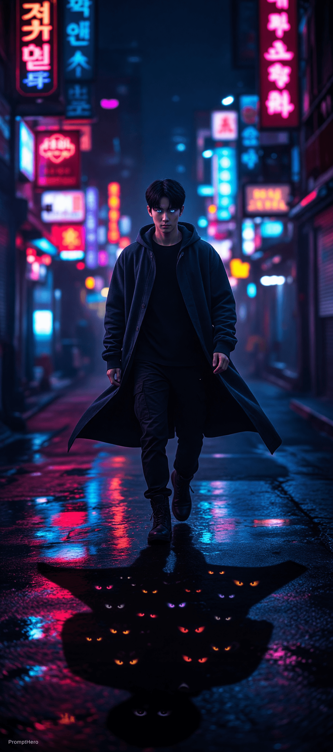 AI generated: A photo-realistic cinematic shot of a young Korean man inspired from Sung Jin-Woo from Solo Leveling...