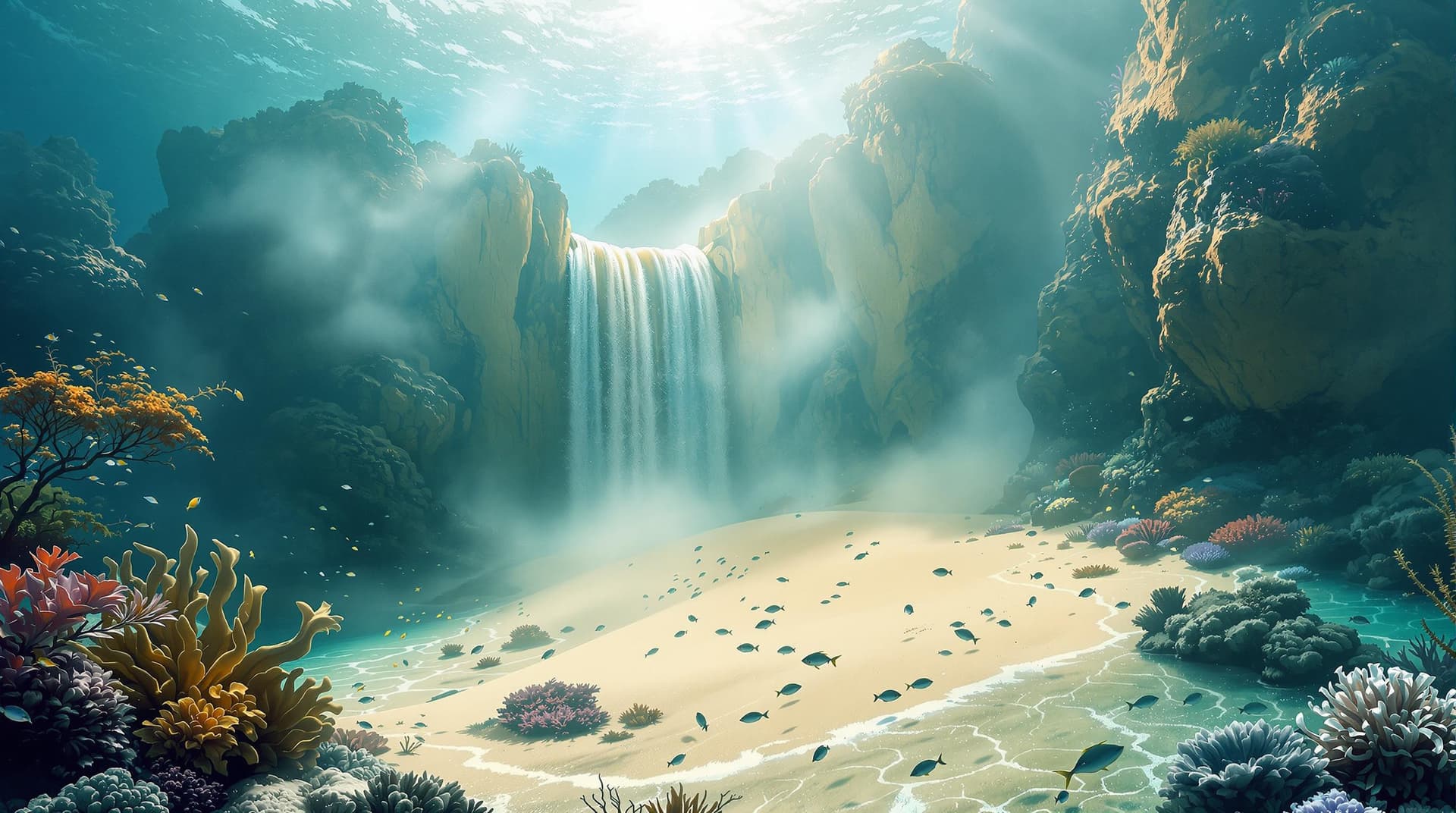 AI generated:  In the heart of a vast, serene ocean, a majestic sandfall cascades down, surrounded by majestic mar...