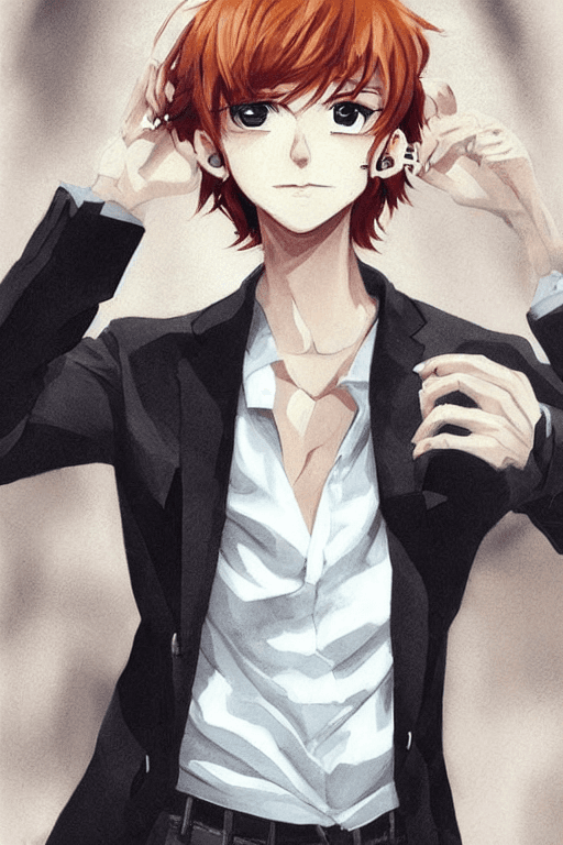 AI generated: beautyful boy, anime face, black blazer clothes, ginger hair bangs, earrings, male, arm in neck ,by ...