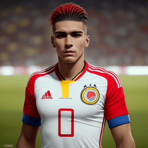 AI generated: Jugador de fútbol con uniforme blanco con una franja roja y jugador de colombia con su uniforme segú...