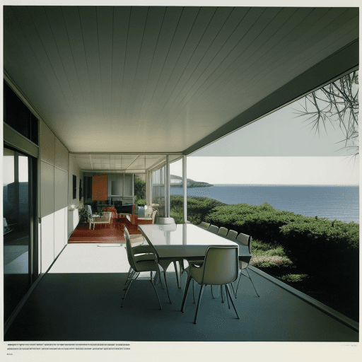 AI generated: Hyper realistic eye level exterior photo of a mid century modern style house overlooking the ocean, ...