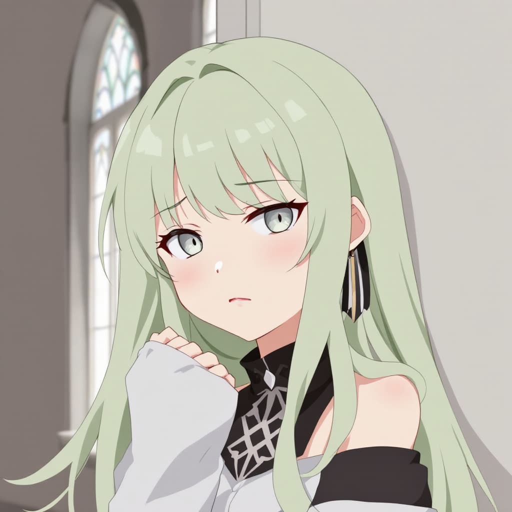 AI generated: anime,girl,solo,soft tone hair,pastel green hair,long hairs,white eyes,perfecteyes,eyebrows,hair beh...