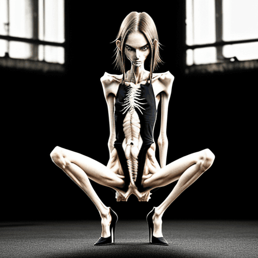 AI generated: squatting position of extreme skinny slender anorexic girl very skinny slender girl, with long curve...