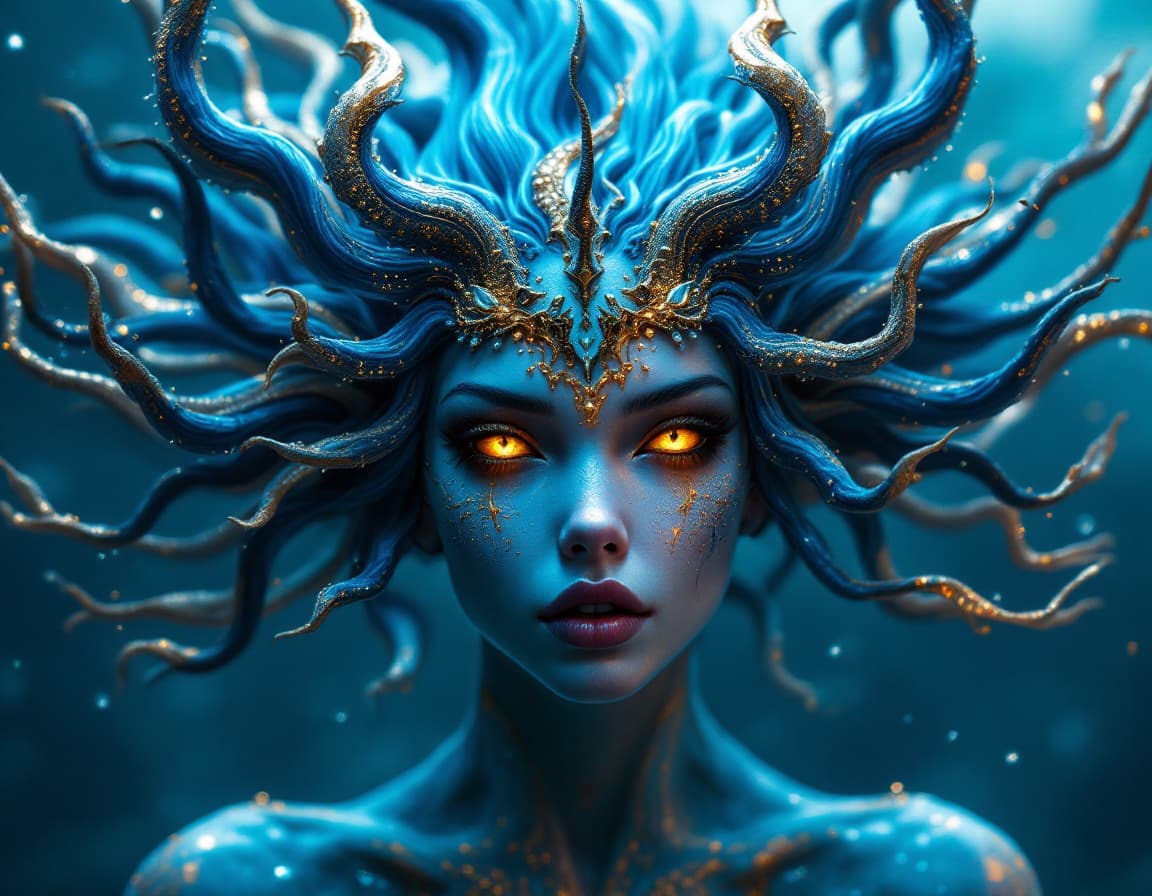 AI generated: anthropomorphic fem incredible creature from the Mariana Trench, ultramarine hair and gold eyes, ult...