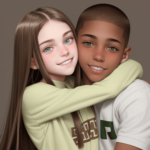 AI generated: Photo of a whiteskin girl with straight brown long hair, green eyes, clear skin and  with braces hug...