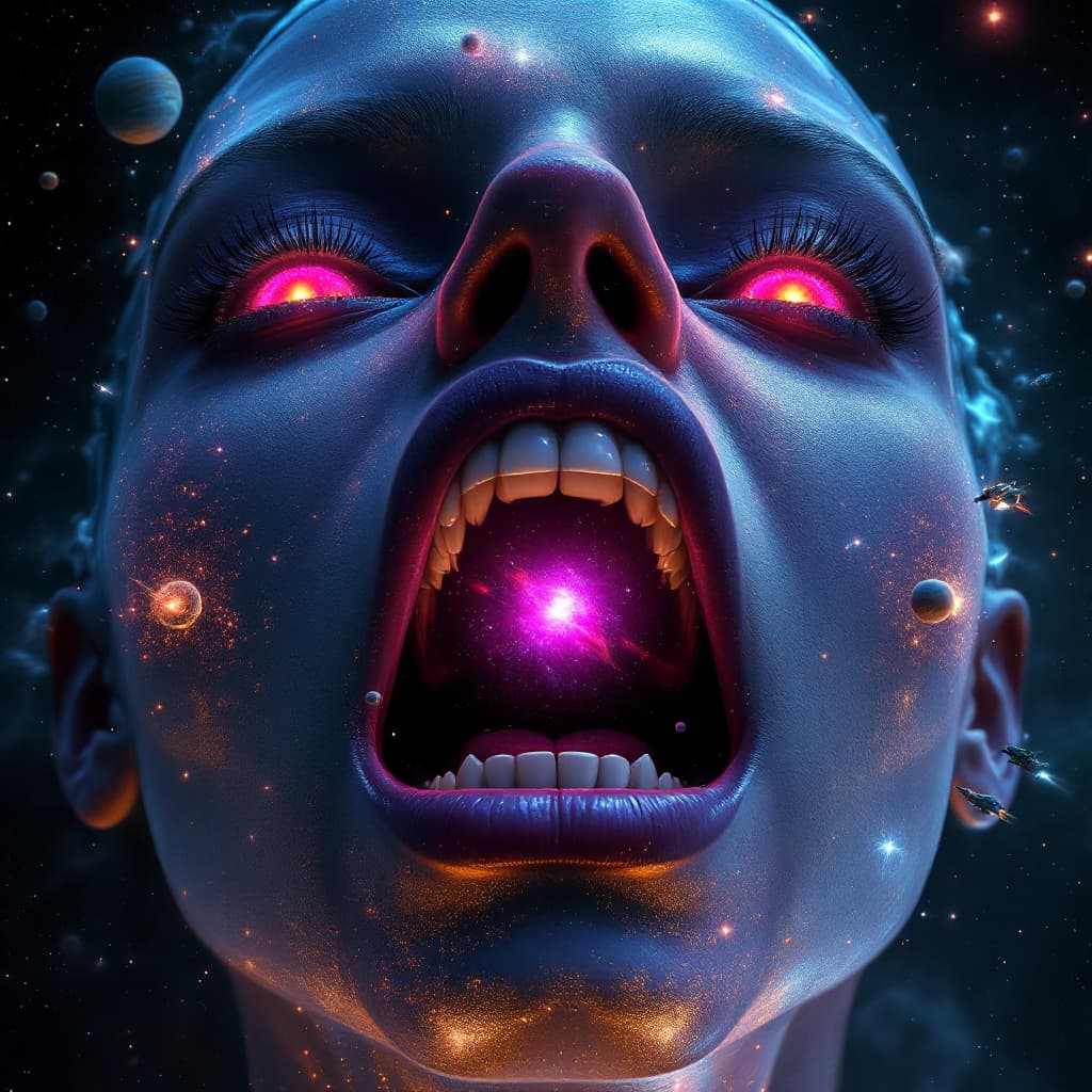 AI generated: close up of an enormous cosmic giantess floating in space's nostrils, minuscule galaxy in front of h...