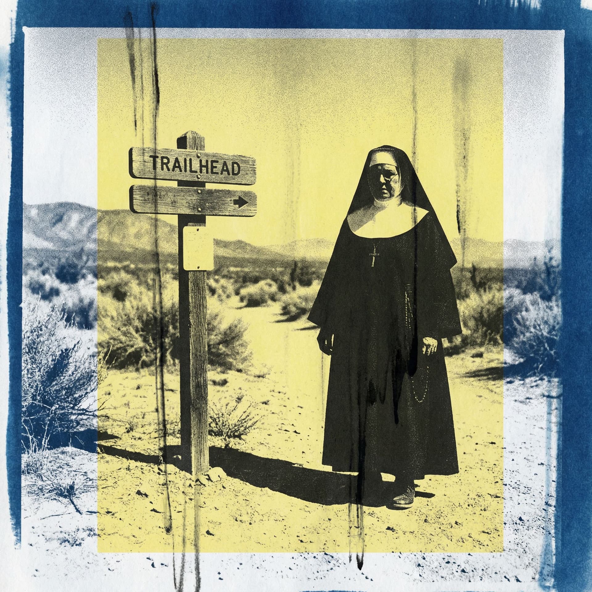 AI generated: High contrast 

Portrait 

The nun at trailhead Minimal image, orange, black and white screen print....