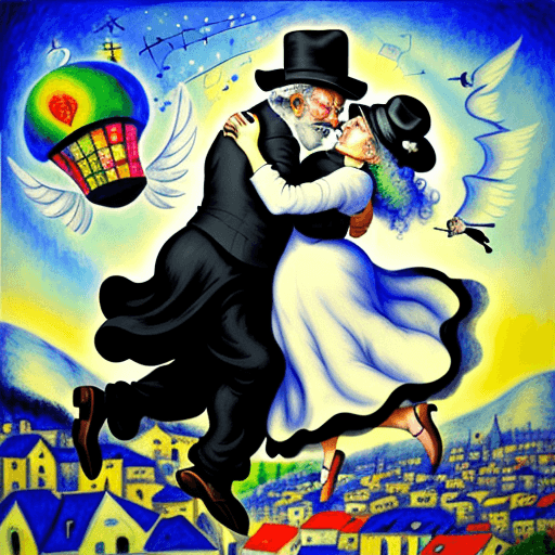AI generated: An imaginative old Jewish man with a black hat and his Jewish wife in white dress hug and fly over t...
