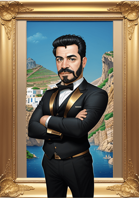 AI generated: Mark Anthony, caricature, landscape agent greek, golden thin sticks  in cicle