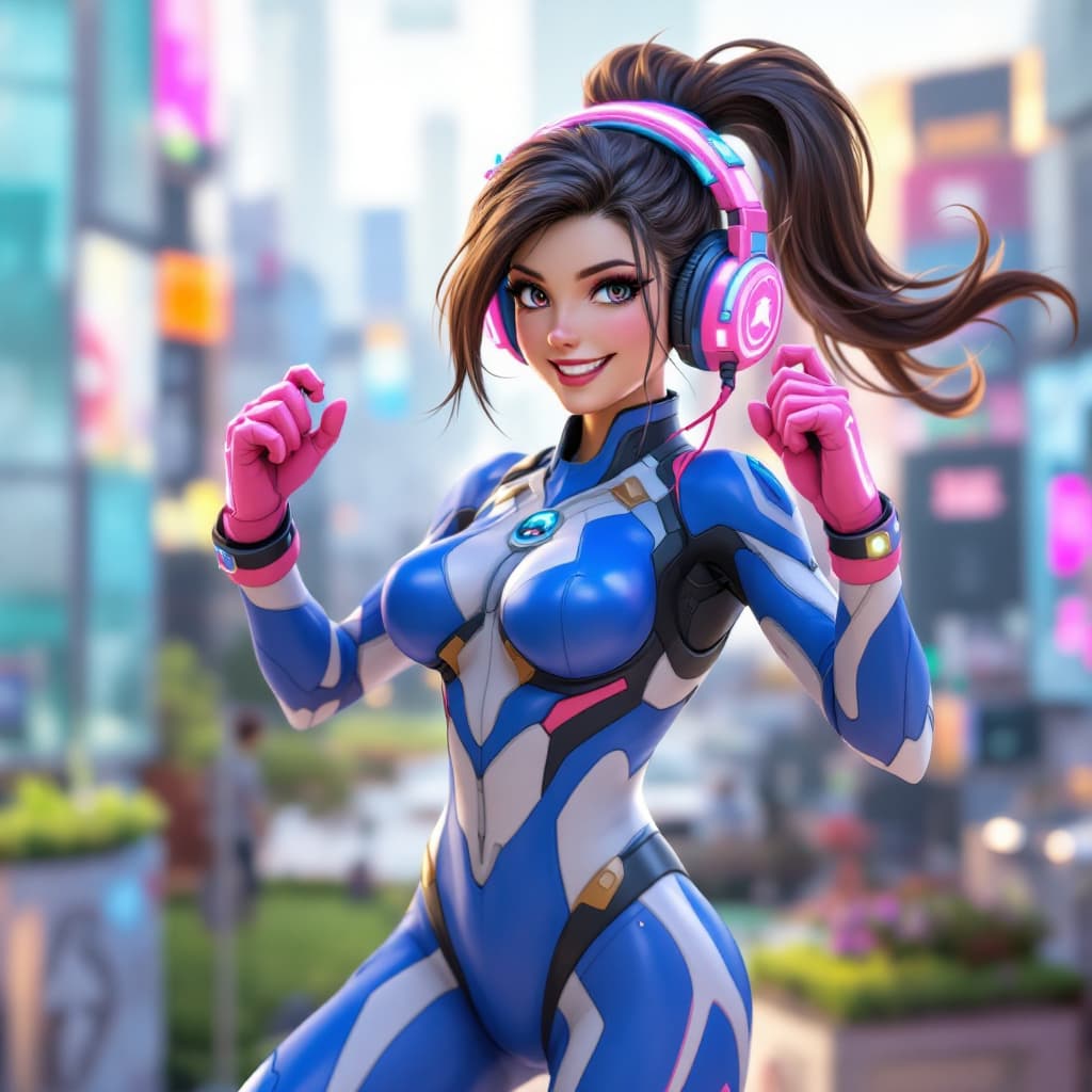 AI generated: Create an action shot of Dva from the Overwatch game, wearing a blue and white spandex bodysuit and ...