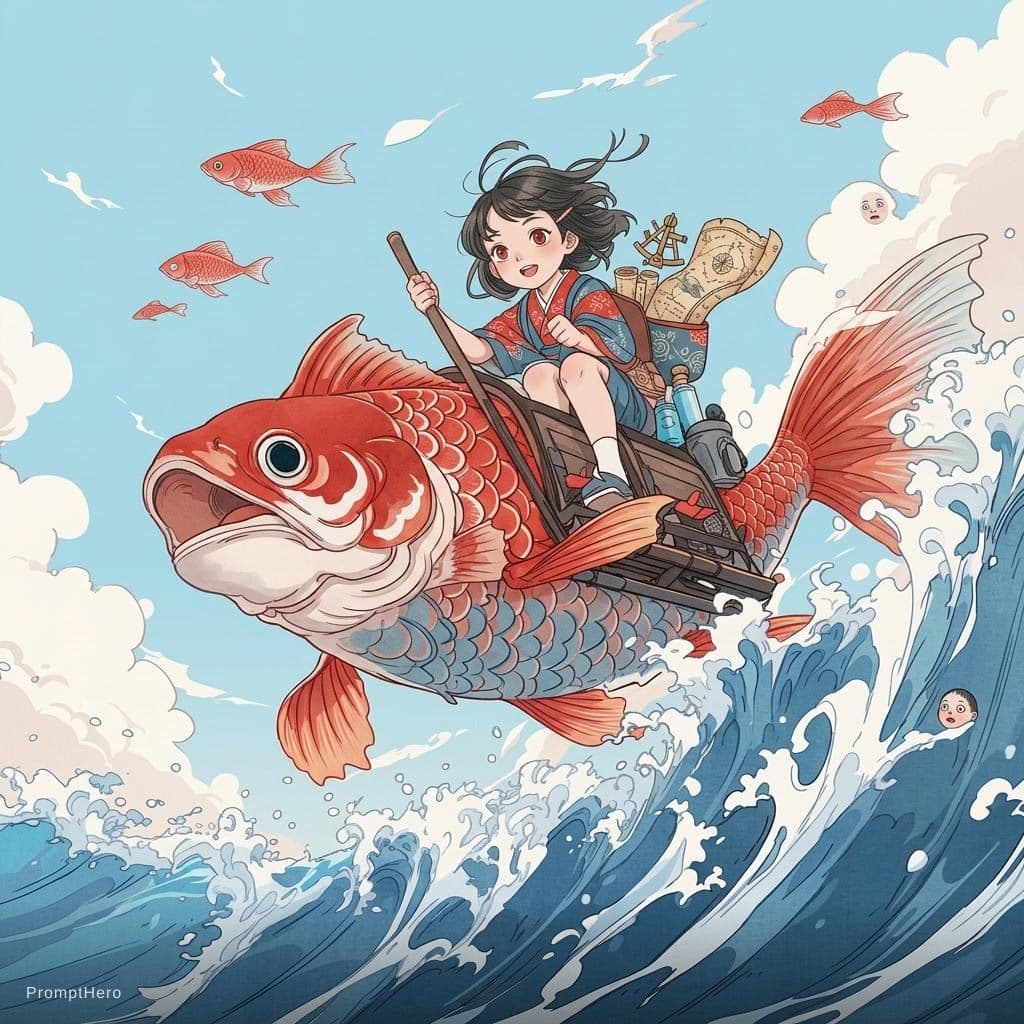 AI generated: a cartoon of a girl riding a koi fish, in the style of he jiaying, comic/cartoon, ocean academia, ca...