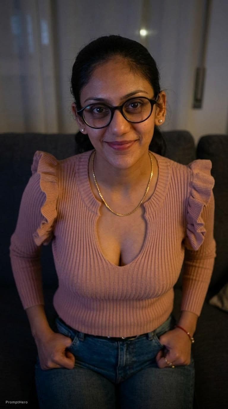 AI generated: looking at me. Sitting on a couch at night(no lights), wearing same (cleavage) dress décolleté, teas...