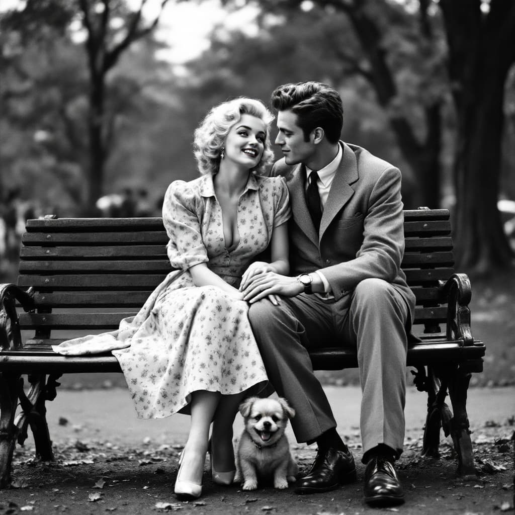 AI generated: Marilyn Monroe and Young James Dean during the Cuban missile crisis are sitting on a parkbench in ce...