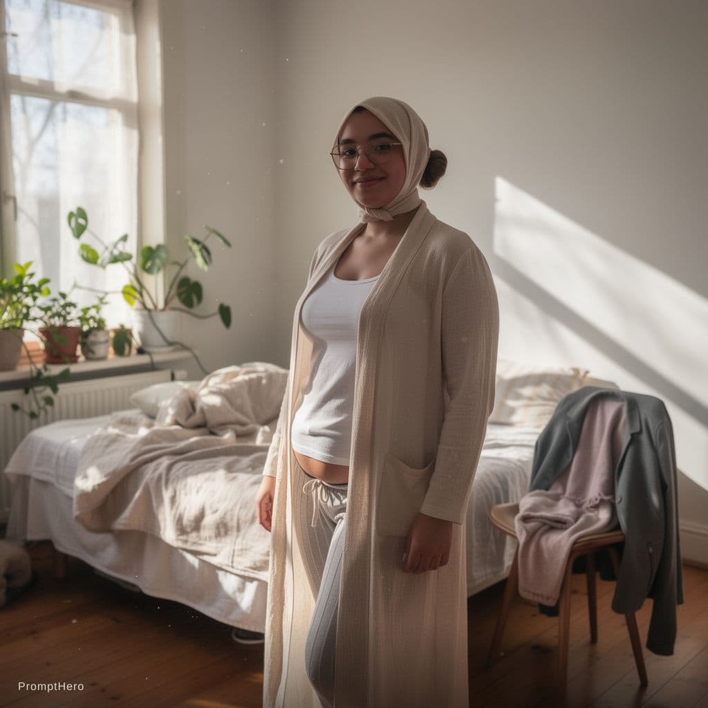 AI generated: Observational documentary image of a young female at home at noon, thin robe worn open, sheer fabric...