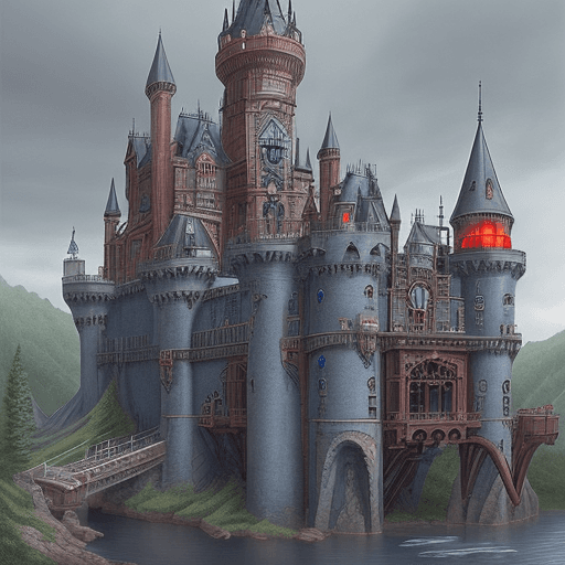 AI generated: Steampunk Castle, Victorian Architecture, Rustic, Blue, Gray, Red, Mechanical Bridge, Castle wall ma...