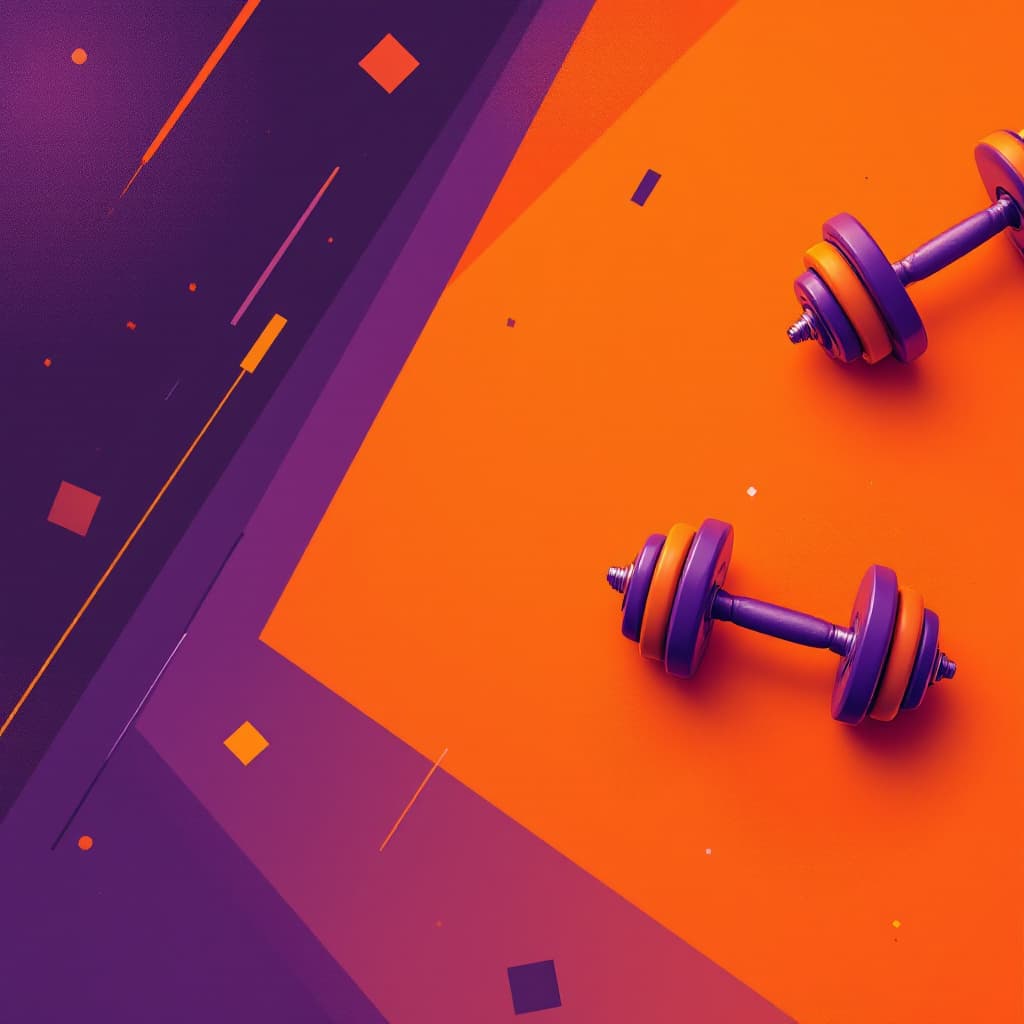 AI generated: 
Background for a poster, orange and purple, gym, weights, dumbbells, geometric shapes