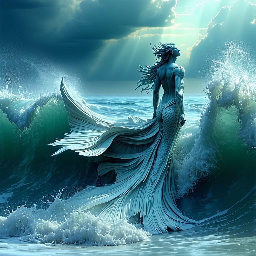 AI generated: Low angle of a graceful male malay mermaid emerging from the ocean waves, enchanting and mesmerizing...