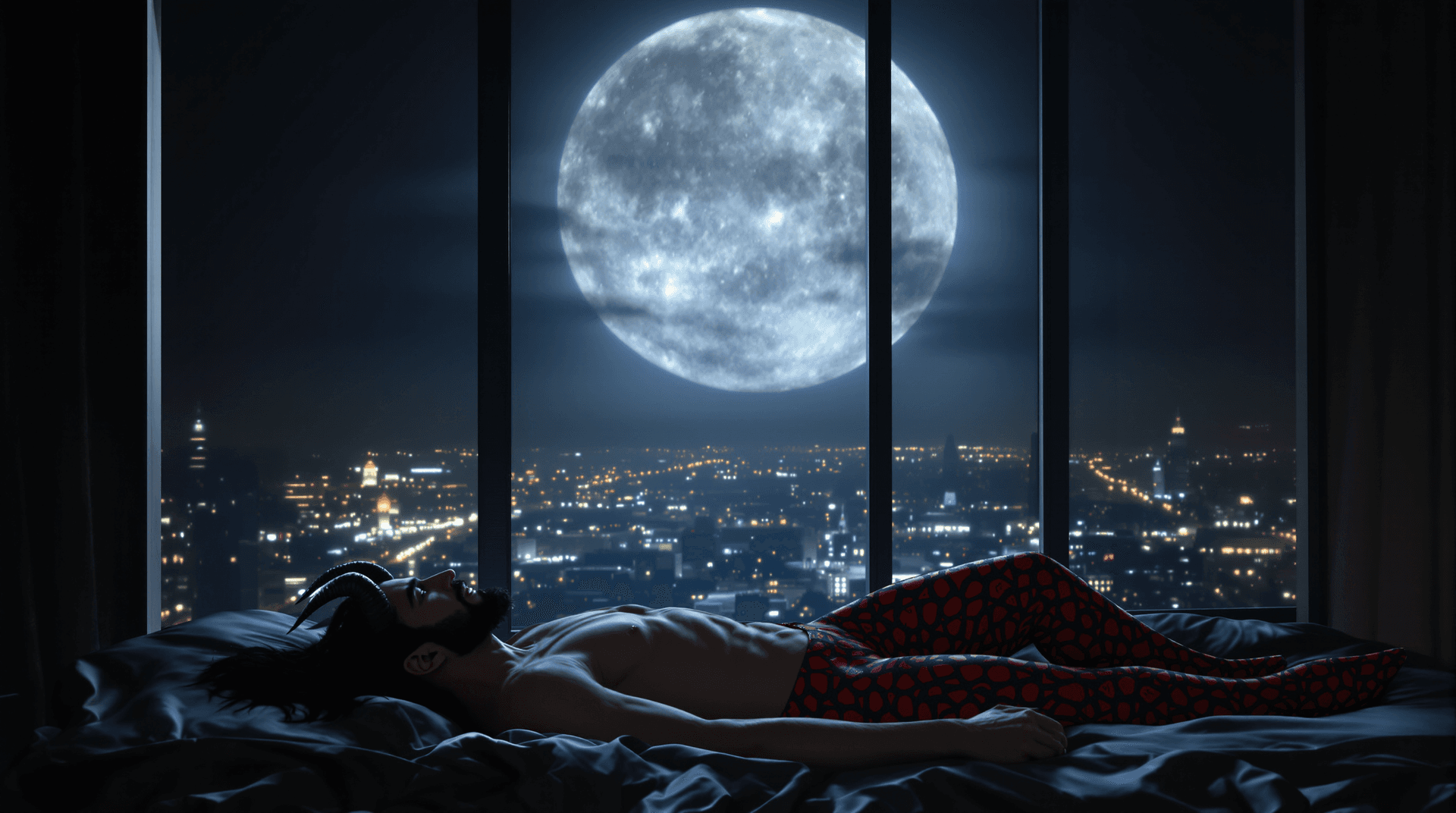 AI generated: Two figures in a luxirous modern bed silhouetted against large full moon and city lights. covered in...